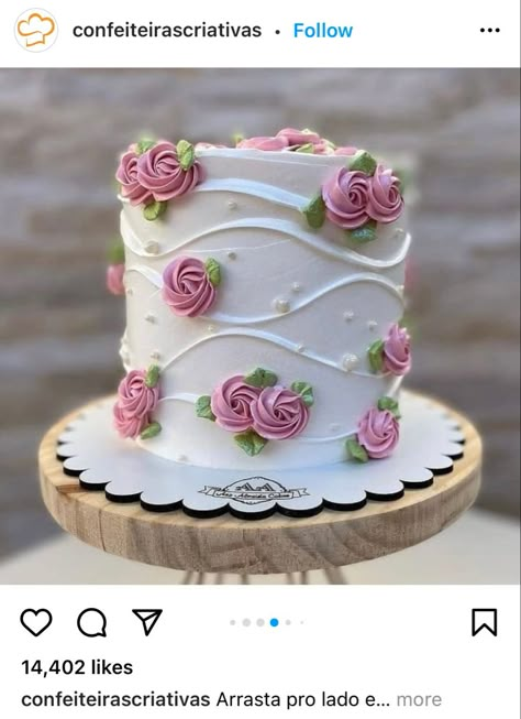 Pretty Cake Decorating, Birthday Cake Designs, Pretty Cake, Cake Decorating Ideas, White Cake, Cake Designs, Pink Roses, Decorating Ideas, Cake Decorating