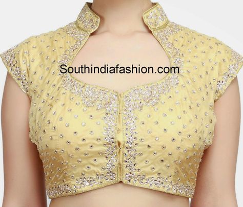 kundan work blouse                                                                                                                                                                                 More Collar Neck Blouse Designs, Collar Neck Blouse, Neck Blouse Designs, Blouse Designs High Neck, Cotton Blouse Design, Kundan Work, Saree Blouse Neck Designs, Backless Blouse Designs, New Saree Blouse Designs