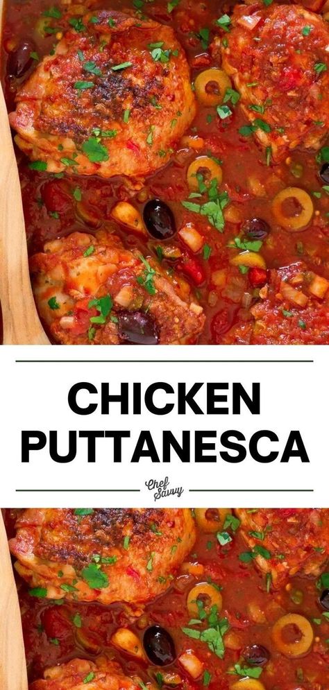 Chicken Puttanesca saucy slow cooker Italian recipes. If you love eating well, this healthy family favorite won't disappoint! Juicy chicken thighs are simmered in a rich tomato broth with olives and capers. Chicken Puttanesca, Main Dish For Potluck, Puttanesca Recipe, Saucy Chicken, Puttanesca Sauce, Easy Chicken Recipe, Whole30 Dinner, Tomato Broth, Vegan Main Dishes