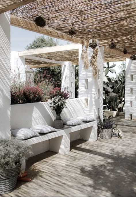 Modern rustic veranda. #Modernrustic #veranda #seating #pricklypears #exterior #minimalism #design #monochrome #masseria #lamia #lighting #puglia #lifestyle #architecture #style Wall Pergola, Home Decor Aesthetic, Aesthetic Home Decor, Over The Garden Wall, The Lane, Home Decor Living Room, Mediterranean Homes, Decor Living Room, Ideas Home