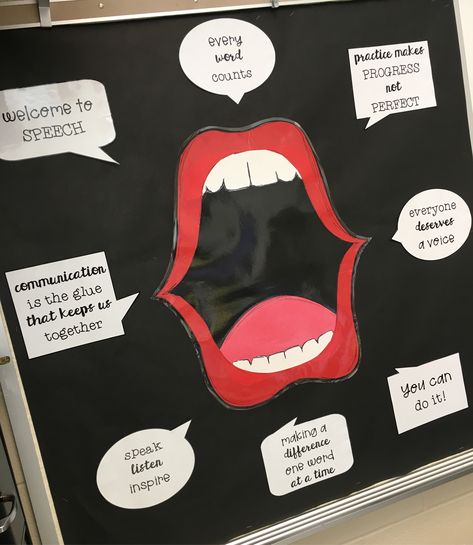 Speech room bulletin board with large mouth and speech-related quotes in speech bubbles 👄🗯 Debate Competition Decoration, Speech Board Ideas, Debate Decoration Ideas, Speech Decorations Room Decor, Speech Goals Bulletin Board, Speech And Debate Stickers, Figure Of Speech Poster, Room Bulletin Board, Different Types Of Speech Bubbles