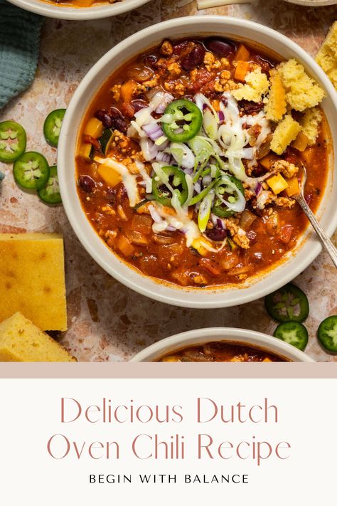 This delicious dutch oven chili is easy to make and perfect for cozy fall weather. It's also packed with protein, fiber, and veggies to make a nutritious dinner. Serve it with cornbread to make the perfect autumn meal! Chilli Dutch Oven, High Protein Dutch Oven Recipes, Dutch Oven Chilli Recipes, Dutch Oven Recipes Vegetarian, Fall Dutch Oven Recipes, Chili Recipe Dutch Oven, Dutch Oven Soups, Dutch Oven Meals, Healthy Dutch Oven Recipes