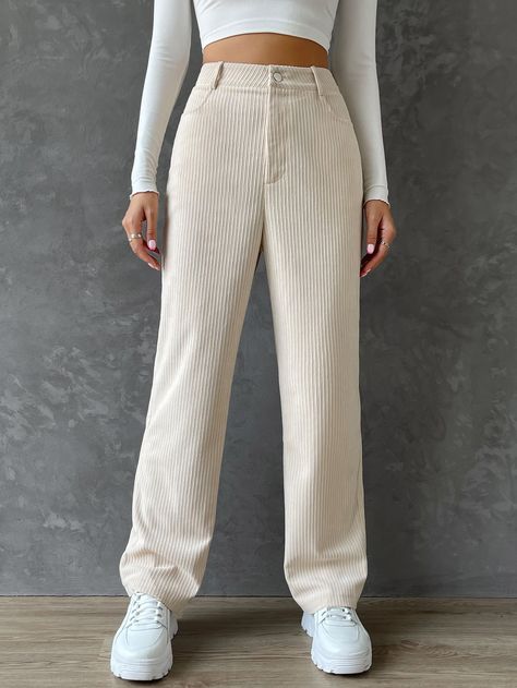 Albaricoque Casual Collar  Pana Liso Pierna recta Embellished No-Elástico  Bottoms de Mujer Corduroy Outfits Womens, Beige Corduroy Pants Outfit, White Corduroy Pants Outfit, Corduroy Trousers Outfit, White Corduroy Pants, Corduroy Pants Outfit, White Pants Outfit, Corduroy Pants Women, Corduroy Pant