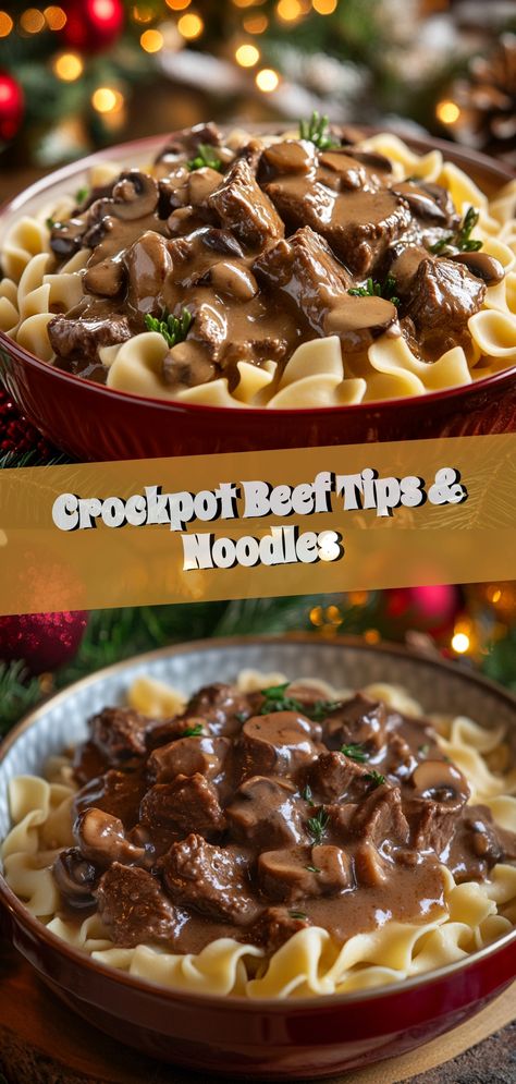 Craving a comforting, fuss-free meal? Discover our Crockpot Beef Tips & Noodles recipe! Perfectly tender beef slow-cooked to perfection combined with hearty noodles, creating a savory, rich, and flavorful dish. Ideal for busy women who savor delectable homemade meals without spending hours in the kitchen. Enjoy this ultimate comfort food that's a hit for family dinners or a cozy night in. Simple to prepare, yet immensely satisfying – a must-try recipe for all food enthusiasts in the USA! Crockpot Beef Tips & Noodles, Beef And Noodles In Crockpot, New Years Day Crockpot Meals, Beef Tips Recipe Crockpot, Crockpot Hotdish Recipes, Beef Chunck Recipes Easy, Christmas Eve Crockpot Dinner, Beef Tri Tip Recipes Crock Pot, No Peek Beef Tips Crockpot