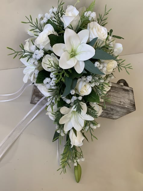 Cascading Wedding Bouquets White And Green, All White Bridal Bouquet Cascading, All White Cascading Bouquet, Sage And White Cascading Bouquet, Green And White Wedding Bouquet Cascade, Saloon Decor, Brides Flowers Bouquet, Teardrop Bouquet, Long Sleeve Bridesmaid Dress