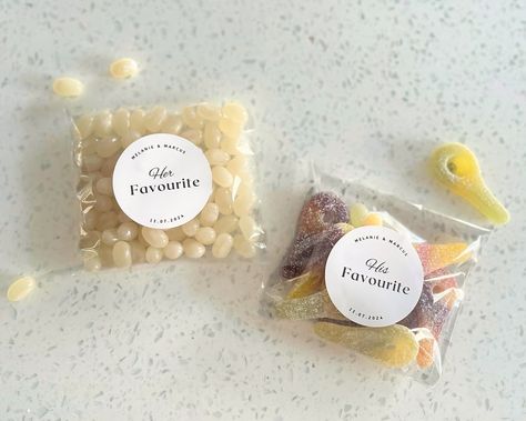 His and Her Favourite Favour Bags | Fill your own Wedding Favours | Labels + Bags | Her Favourite, His Favourite | Favour Candy Bags | DIY  Choose his and her favourite custom candy treat bags to make for an unforgettable event! Perfect for wedding, bridal shower and party favours.   Includes: - Clear Self-sealing Bags, Size: 4" x 6" - Custom Printed Matte Sticker, Size: 2"  - DOES NOT INCLUDE FOOD ITEMS Wedding Favor Snacks, Bags To Make, Wedding Favor Labels, Favour Bags, Bags Diy, Custom Candy, Favor Labels, The Wedding Date, Party Favours