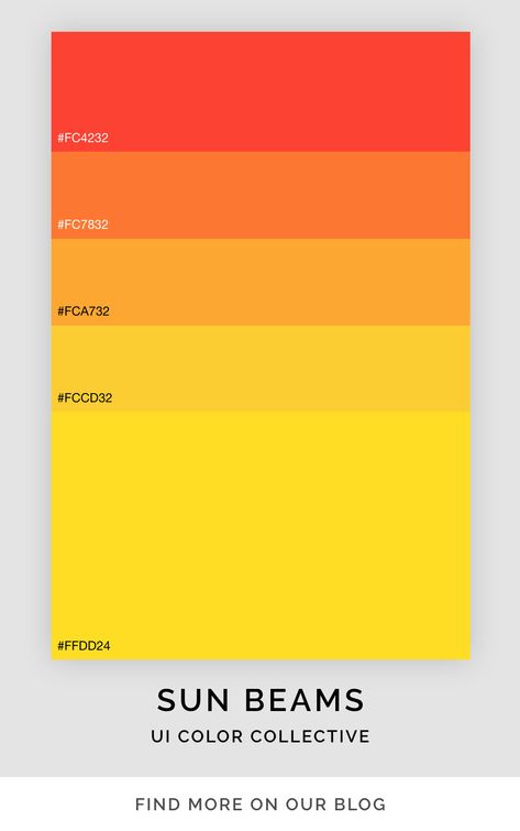 Bright color palette ranging from hot red to yellow August Palette Color, Bright Natural Color Palette, Warm Bright Color Palette, Sun Color Palette, Pop Color Palette, Warehouse Project, Sun Beams, Ui Color, Colorful Website