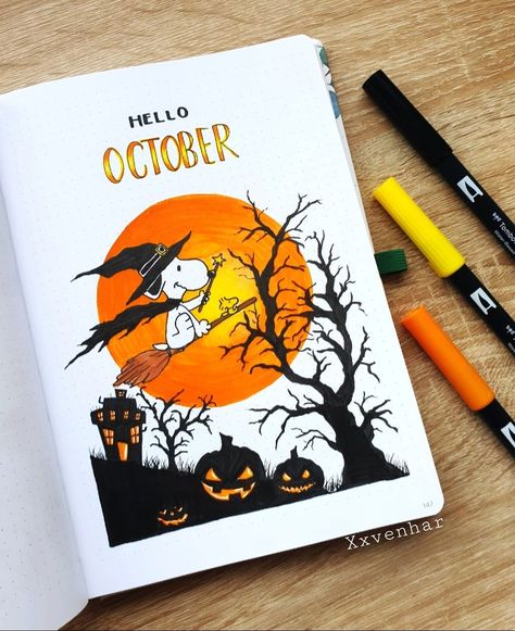 Venhar 🎨🖌 on Instagram: “Hello 🎃🍂🍁 This is my OCTOBER COVER PAGE of 2021 🥰 The month is going to be 'Snoopy/ The Peanuts/ Halloween' themed 🎃🍁🍂 i loved the peanuts…” October Cover Page, Bullet Journal Tracking, Bullet Journal Halloween, Bullet Journal Month, Peanuts Halloween, Bullet Journal Ideas Templates, Bullet Journal Cover Ideas, Hello October, The Peanuts