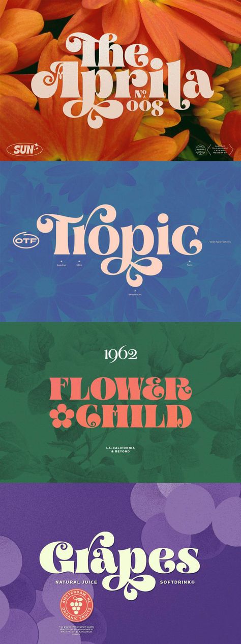 With the Aprila #font family, you can add the spirit of summer and flower power to your typographic design. Vintage Typeface, Typographie Logo, Inspiration Typographie, Mises En Page Design Graphique, Desain Buklet, Graphisches Design, Desain Editorial, 타이�포그래피 포스터 디자인, Aesthetic Fonts