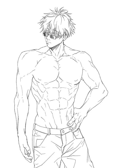 Gojo Satoru Hot Abs Fan Art, Gojo Drawing Full Body Sketch, Gojo Abs Fanart, Gojo Half Body Manga, Scared Face Drawing, Dancing Sketch, How To Draw Abs, Chad Image, Scared Face