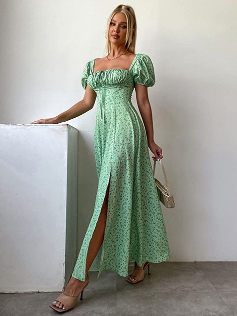 Summer Puff Sleeve Floral Split Maxi Dress Flowy A Line Casual Beach Long Dresses Side Split Maxi Dress, Short Sleeve Maxi Dress, Cute Floral Dresses, Beautiful Long Dresses, Long Beach Dress, Short Sleeve Maxi Dresses, Split Maxi Dress, High Waist Dress, Flowy Maxi Dress