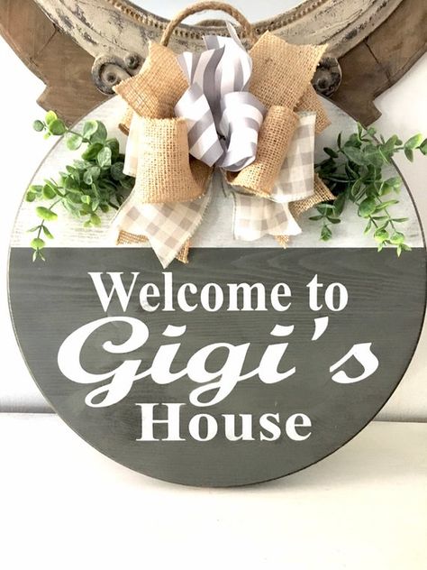 Mimi Grandma, Gigi Gift, Gift Wreath, Buffalo Plaid Ribbon, Door Hanger Wreath, Hanger Wreath, Wood Farmhouse, Round Wood Sign, Wood Door Hangers