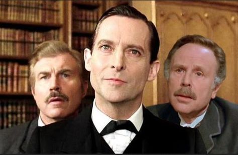 Jeremy Brett as Holmes and the two actors who played Dr. John Watson in the Sherlock Holmes Granada series...David Burke (left) and Edward Hardwick. Jeremy Brett Sherlock Holmes, Sherlock Holmes Book, David Burke, Detective Sherlock Holmes, Holmes Movie, Elementary My Dear Watson, Sherlock Holmes 3, Famous Detectives, Jeremy Brett