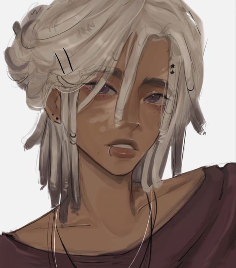 Black Character Design Male White Hair, Mikxyu Male Art, Blasian Oc Male, Dark Skin Light Hair Character Design, Male Oc Hair Ideas, Dark Skin White Hair Male Character Art, Silver Hair Drawing, Vitíligo Oc Male Art, Black Male Art