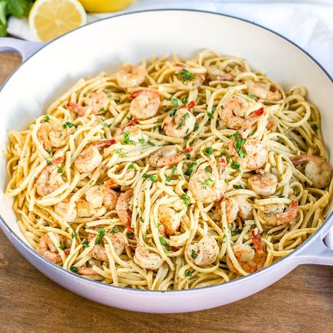 One Pot Shrimp Pasta, One Pot Shrimp, Shrimp Pasta Dishes, Lemon Garlic Shrimp Pasta, Potted Shrimp, Garlic Shrimp Pasta, Lemon Garlic Shrimp, Cream Pasta, One Dish Dinners