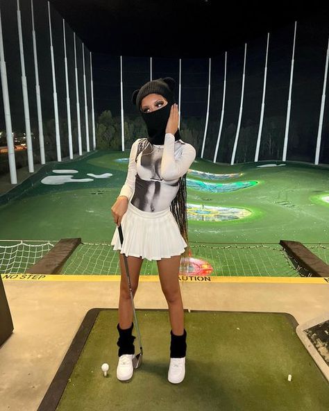 Golf Outfit Black Women, Cheer Skirt Outfit, Top Golf Outfit, Ramiyah Marie, Skater Skirt Outfit, Exotic Outfits, Winter Top, Top Golf, Golf Outfits Women