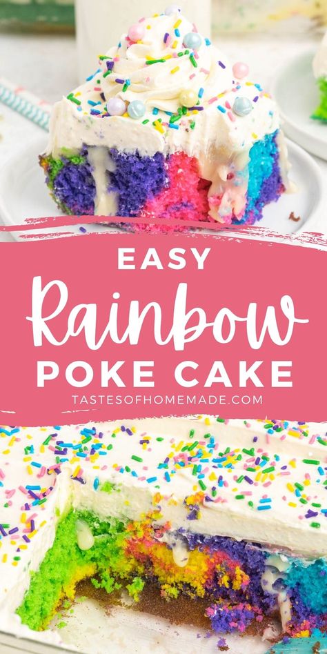 Rainbow poke cake is a bright and colourful cake that comes together easily using simple ingredients. Starting with a boxed vanilla cake and instant pudding, this cake is moist and delicious. Perfect for a birthday party or anytime you want an easy, colourful dessert. Poke Birthday Cake, Birthday Poke Cake, Colourful Cakes Birthday, Simple Kids Birthday Cake, Rainbow Cake Mix Recipes, Rainbow Cake Batter, Rainbow Birthday Cake Recipe, Rainbow Whipped Cream Cake, Rainbow Poke Cake