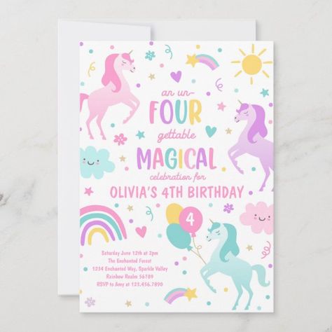 Unicorn Un-Four-Gettable 4th Party Birthday Party Invitation Pink Unicorn Party, Rainbow Unicorn Party, Rainbow Birthday Invitations, Rainbow Unicorn Birthday, Unicorn Birthday Invitations, Unicorn Invitations, Fairy Birthday Party, 2nd Birthday Invitations, Girl Birthday Themes