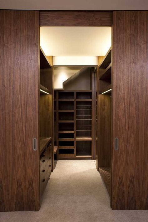 Dark Wood Dressing Room, Walnut Walk In Wardrobe, Walnut Walk In Closet, Dark Wood Closet, Walnut Closet, Walnut Wardrobe, Walnut Vanity Bathroom, Walk In Wardrobe Ideas Master Bedrooms, Retro Apartment Decor