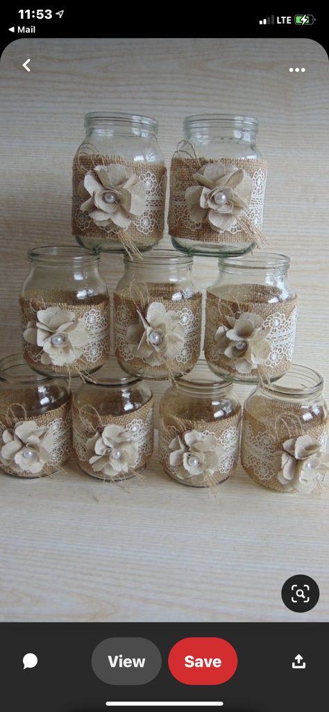 Rustic Wedding Ceremony Decor, Lace Jars, Burlap Centerpieces, Wedding Jars, Burlap Mason Jars, Wedding Burlap, Rustic Wedding Decorations, Handmade Flowers Fabric, Burlap Crafts