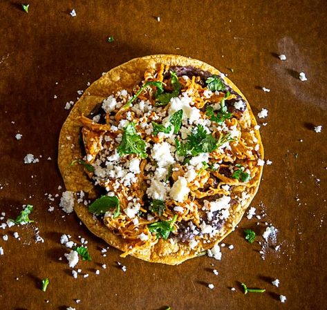 Tinga Tostadas Mexican, Tostada Topping Ideas, Tostada Breakfast, Chicken Chile Verde, Chicken Chile, Tostada Recipes, Chicken Tostadas, Over Easy Eggs, Tomatillo Salsa