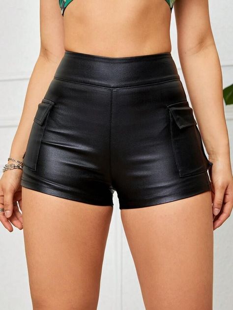 SHEIN Privé Flap Pocket Denim Shorts | SHEIN Black Stretch Shorts, Women Leggings Outfits, Killstar Clothing, Pu Leggings, Leather Leggings Outfit, Workwear Shorts, Stretch Denim Shorts, Women Shorts, Y2k Clothes