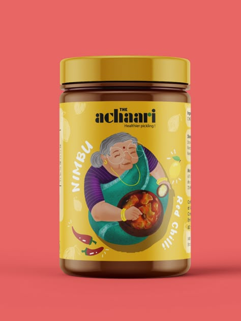 Here's a package design done by me for the Indian Pickle brand called 'The Achaari' Generations and more generations to come but why a generation gap.
The achaari squeezes itself in between and fills the generation gap of pickling.
Tempting flavours and secret spices, are best reasons to taste Achaari once. Pickle Packaging Design Indian, Pickle Branding Packaging Design, Pickle Packaging Design Creative, Fmcg Packaging Design, Desi Packaging, Indian Spices Packaging, Illustrative Packaging Design, Indian Food Packaging Design, Jar Packaging Design Creative