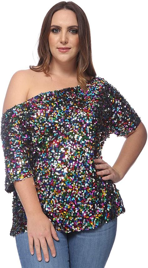 Anna-Kaci Women's Plus Size Sequin Sexy One Shoulder Short Sleeve Party Club Top, Multicolored, XX-Large at Amazon Women’s Clothing store Plus Size Sequin, Work Christmas Party, Sparkle Party, Club Tops, Taylor Swift Concert, Plus Size Top, Party Tops, Sequin Top, Style Expert