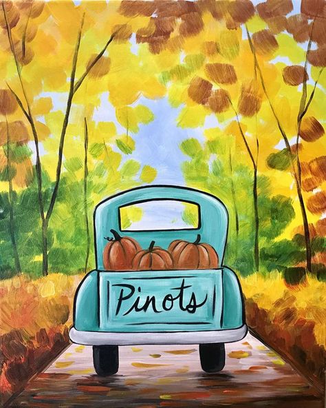 Fall Truck Painting, Truck Painting, Pinots Palette, Sip N Paint, Best Paint, Truck Paint, Pumpkin Truck, Acrylic Painting For Beginners, Paint And Sip