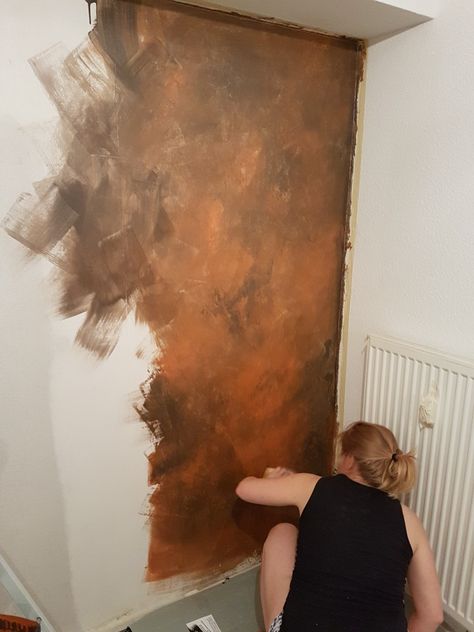 Rust Effect Wall, Rust Color Living Room Ideas, Rust Wall Paint, Rust Painting Technique, Rust Limewash Wall, Rusty Paint Color, Rust Kitchen Walls, Wall Effects With Paint, Distressed Wall Painting Techniques