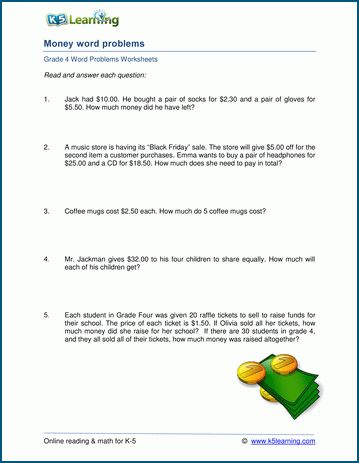 Grade 4 money word problem worksheets | K5 Learning Money Worksheets Grade 3, Aba Programs, Money Math Worksheets, Money Word Problems, Learning Money, Logic Problems, 4th Grade Math Worksheets, Free Printable Math Worksheets, Money Math