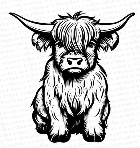 Cow Pictures Drawing, Highland Coo Tattoo, Highland Cow Wood Burning, Highland Cow Stencil, Hyland Cow Tattoo, Cow Clipart Black And White, Highland Cow Drawing Easy, Fluffy Cow Drawing, Highland Cow Coloring Page