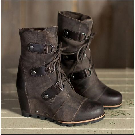 Category:Boots; Upper Materials:PU; Season:Fall,Winter; Heel Type:Platform,Wedge Heel; Gender:Women's; Activity:Walking; Toe Shape:Round Toe; Type:Booties Ankle Boots; Style:Punk,Vintage,Fashion; Heel Height(inch):2-3; Outsole Materials:Rubber; Occasion:Daily,Outdoor; Closure Type:Lace-up,Zipper; Pattern:Solid Color; Listing Date:10/13/2023; Production mode:External procurement; 2024 Trends:Plus Size,Height Increasing Shoes,Platform Boots; Size chart date source:Provided by Supplier. Sorel Joan Of Arctic Wedge, Joan Of Arctic Wedge, Waterproof Leather Boots, Vegan Leather Boots, Sorel Joan Of Arctic, Winter Leather Boots, Comfortable Wedges, Vintage Boots, Martin Boots