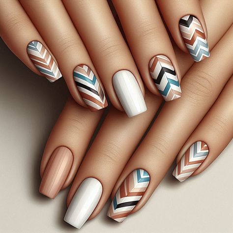 Elevate your manicure with the chic sophistication of zigzag pattern nail art. This design is all about clean lines and modern elegance, making it a perfect choice for anyone who loves a polished yet trendy look. The zigzag pattern can be customized with various color combinations, from subtle neutrals to eye-catching brights, allowing you to tailor your nails to your personal style. Ideal for both everyday wear and special events, this versatile nail art brings a stylish edge to any outfit. Chevron Nails French, Chevron Nail Designs French Tips, Gold Chevron Nails, Chevron Press On Nails, Chevron Nail Designs, Boho Nails, Chevron Nails, Nail Patterns, Zig Zag Pattern