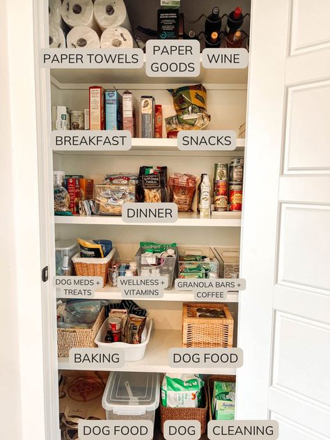 Small Pantry And Cleaning Closet, 4 Shelf Pantry Organization, Pantry Organization Without Containers, Top Shelf Pantry Organization, Open Shelf Pantry Ideas, Shallow Pantry Shelving Ideas, Open Shelving Pantry Organization, Simple Pantry Organization Ideas, Inexpensive Pantry Organization