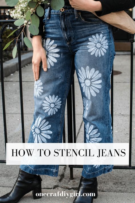 How to upcycle jeans with this tutorial on how to stencil your denim. I created fun flowers to create this hippie jean DIY. #stencil #jeans #denim #upcycle #jeansDIY #vintage #vintageclothing #diyvintage #diyclothing #thrift Painting On Jeans Ideas Easy, Jeans Tutorial, Square Skirt, Hippie Jeans, Old Sweatshirt, Pixie Skirt, Unique Jeans, Jeans Ideas, Fringe Jeans