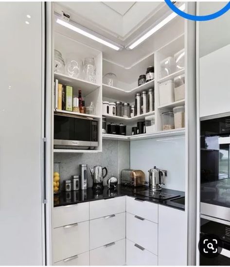 Small Butlers Pantry Ideas Walk In, Corner Larder Cupboard, Corner Walk In Pantry, Walk In Corner Pantry, Kitchen Corner Pantry, Corner Pantry Organization, Corner Pantry Cabinet, Slider Doors, Corner Kitchen Pantry