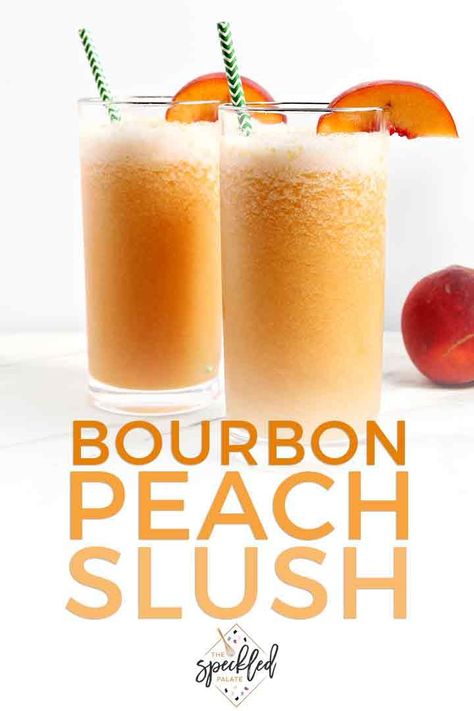 Celebrate peach season with a refreshing, summery Bourbon Peach Slush. | Bourbon Cocktail | Peach Cocktail | Summer Cocktail | Summer Mixed Drink | Peach Recipe | #bourbon #peach #speckledpalate Frozen Peach Cocktail, Peach Slush, Summer Mixed Drinks, Bourbon Slush, Peach Bourbon, Slush Recipes, Peach Cocktail, Peach Drinks, Cocktail Summer