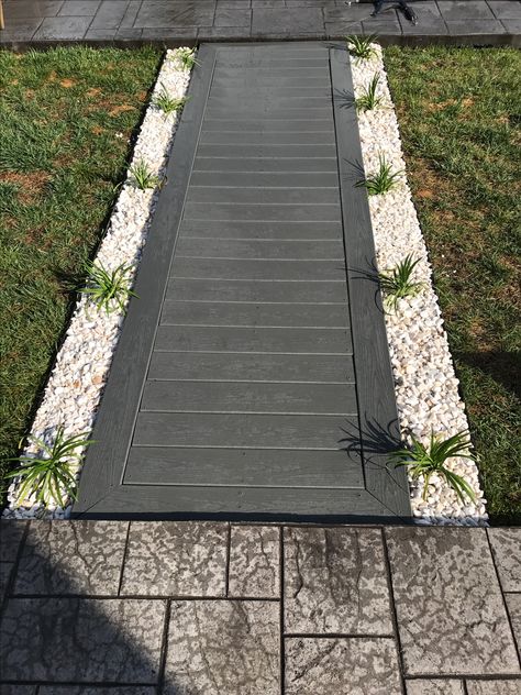 Trex walkway Decking Walkway Pathways, Walkway Fence Ideas, Front Lawn Walkway Pathways, Trex Walkway Ideas, Composite Walkway Pathways, Wood Pavers Walkways, Walkway Entrance Ideas, Trex Walkway, Pool Walkway Pathways