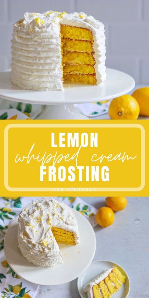 Lemon Cream Frosting, Lemon Cake Whipped Cream Frosting, Lemon Cake With Whipped Cream Frosting, Lemon Cream Filling, Lemon Cake Icing Recipe, Best Frosting For Lemon Cake, Lemon Whipped Cream Frosting, Whipped Lemon Frosting, Orange Whipped Cream Frosting