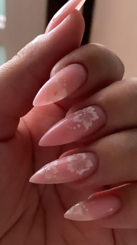 Cute Nails Long Almond, Hibiscus Nails Design, Nails With Lilies, Tropical Nails Almond Shape, Cute Gel X Nails Almond, Aesthetic Nail Designs Almond, Almond Nails With Hibiscus Flower, Pink Almond Nails With Flowers, Cute Nail Ideas For Summer Almond Shape