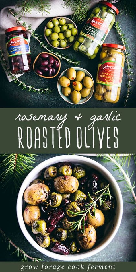 Olives make the perfect appetizer and I'm always looking for ways to make them fancier. This recipe for roasted olives with rosemary and garlic does exactly that! Made with a variety of olives and a few simple ingredients you probably already have on hand, these roasted olives will be loved by everyone! Roasted Olives Appetizer, Olive Snack, Baked Olives, Olive Appetizer, Pickled Olives, Roasted Olives, Marinated Olives, Olive Recipes, Charcuterie Recipes