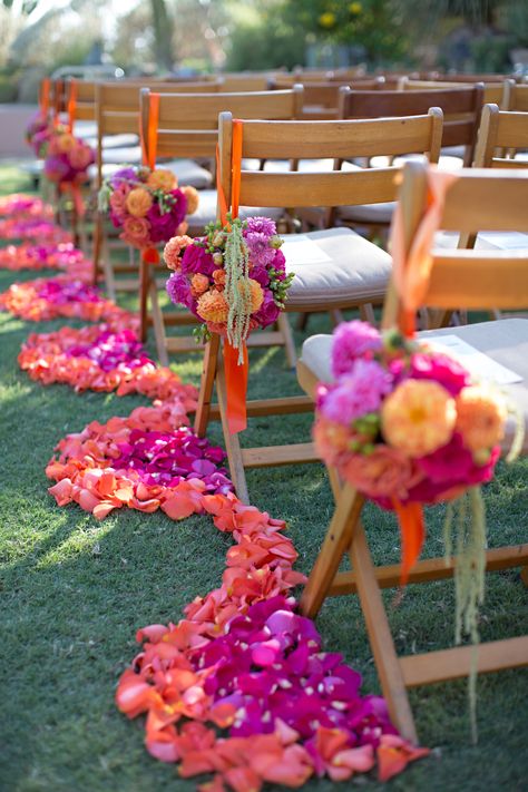 Bright Pink and Orange Ceremony Aisle Florals. Scalloped pink and orange loose flower pedals. Scottsdale Wedding Planner. Edmonton Destination Wedding Planner Jennifer Bergman Weddings. Bright Pretty Outdoor Desert Wedding ceremony. Boda Mexicana, Wedding Aisle Decorations, Sunset Wedding, Aisle Runner, Orange Wedding, Aisle Decor, Wedding Aisle, Arizona Wedding, Wedding Ceremony Decorations