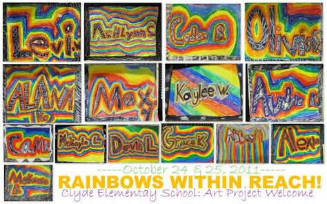 Student First Names Become Art Project with Rainbow Design (from RoundUP of 'name' projects via RainbowsWithinReach) Name Art Projects, Name Design Art, Art Docent, Rainbow Names, 2nd Grade Art, Fall Art Projects, 5th Grade Art, Classroom Art Projects, Classroom Activity