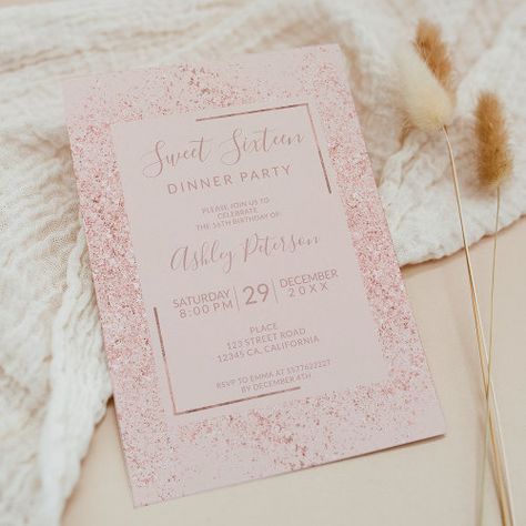 Rose Gold Glitter Frame Pastel Blush Pink Sweet 16 Invitation #zazzle #weddinginvitations #birthdayinvitations #babyshowerinvitations #zazzleinvitations #monogram #businesscards #graduation #homedecor Blush Pink Sweet 16, 13th Birthday Invitations, Pink Sweet 16, 16 Invitations, Surprise Birthday Invitations, Rose Gold Invitations, 16th Birthday Invitations, Glitter Frame, Sweet 16 Birthday Party