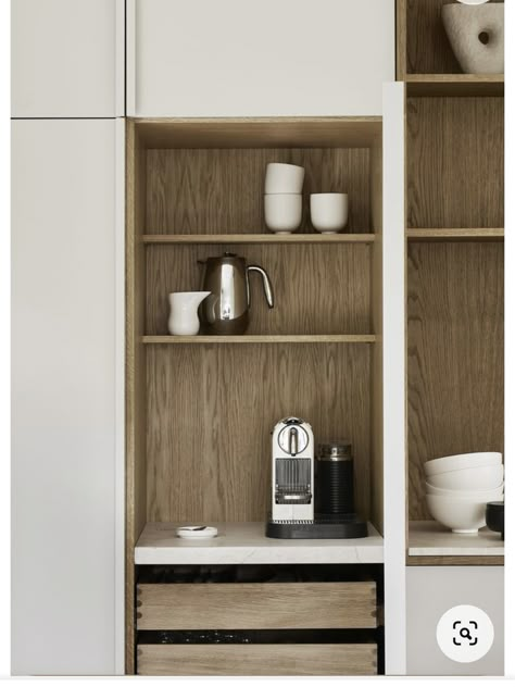 Coffee Cabinet Kitchen, Coffee Machine Cabinet, Kitchen High Cabinets, Coffee Nook In Kitchen, Kitchen Cabinets Inside, Coffee Niche, Kitchen Niche, Danish Kitchen, Dark Wood Kitchen Cabinets