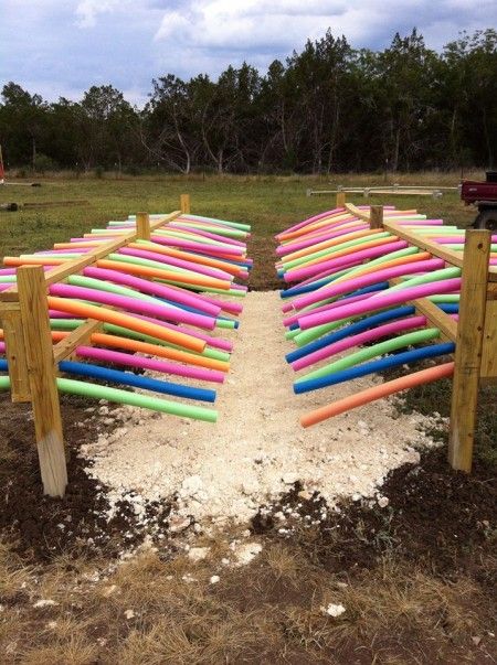 I want to call this one the "I'm not touching you!" obstacle or perhaps "groped by pool noodles" is a better fit. More in the link. Diy Obstacle Course, Horse Farm Ideas, Ranch Ideas, Horse Arena, Course Ideas, Horse Exercises, Horse Games, Horse Ideas, Horse Trail