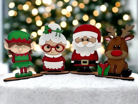 Santa Squad Shelf Sitters, Winter Decor, Bundles Available, Christmas Decor - Etsy Santa Claus Decorations Ideas, Standing Decorations, Family Christmas Decor, Elf Workshop, Styrofoam Art, Halloween Party Activities, Cricut Christmas Ideas, Wood Snowman, Christmas Yard Art