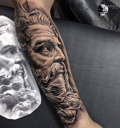 Zeus Bicep Tattoo, Zeus Tattoo Design, Photographer Tattoo, Greek God Tattoo, Hand Tattoo Designs, Gladiator Tattoo, Outer Forearm Tattoo, Poseidon Tattoo, Zeus Tattoo