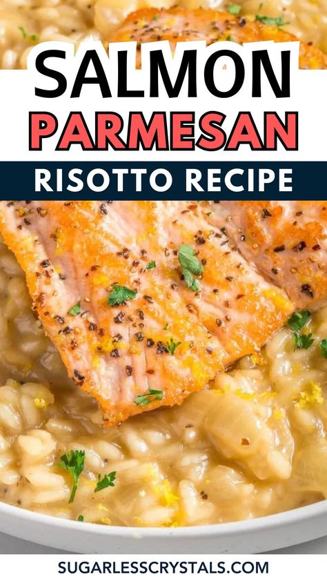 Salmon risotto brings juicy, flavorful salmon paired with a creamy homemade risotto that is easy enough for a beginner to make with these simple steps. A deliciously easy family dinner idea if you're looking for easy meals that are going to impress Risotto For Salmon, Risotto Recipes With Salmon, Risotto Recipes Salmon, Salmon And Risotto Recipe, What To Pair With Risotto, Salmon And Risotto Dinners, Salmon And Orzo Dinners, Salmon Risotto Recipes, Salmon Meal Recipes